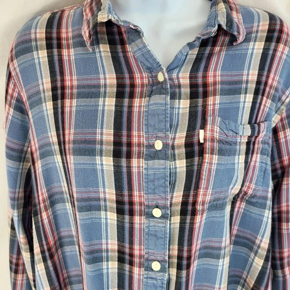 Levis Womens Flannel Shirt XL Boyfriend Fit Blue Plaid Button Up Barrel Cuff - Picture 3 of 10